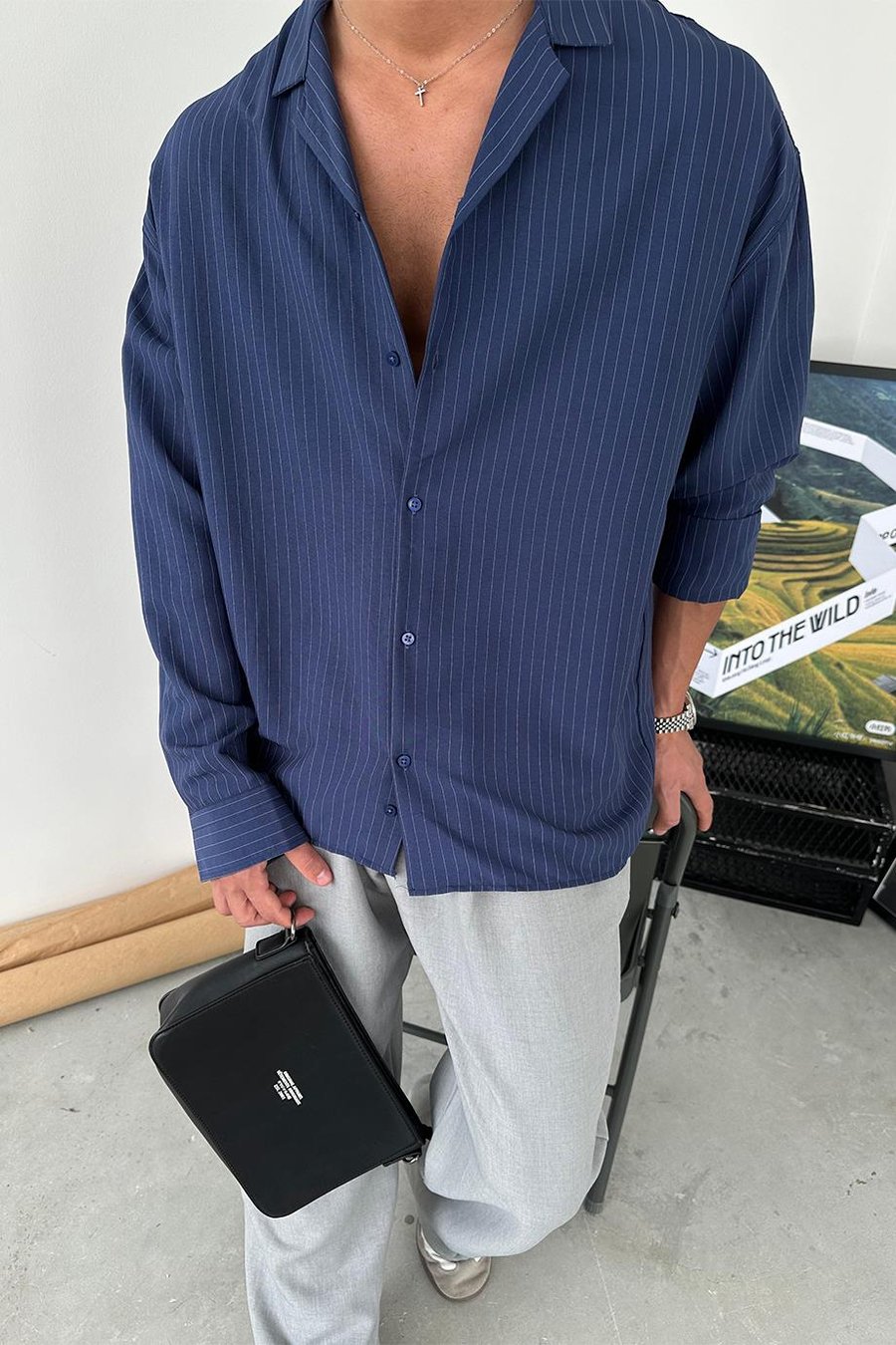 Lacivert Çizgili Basic Oversize Gömlek