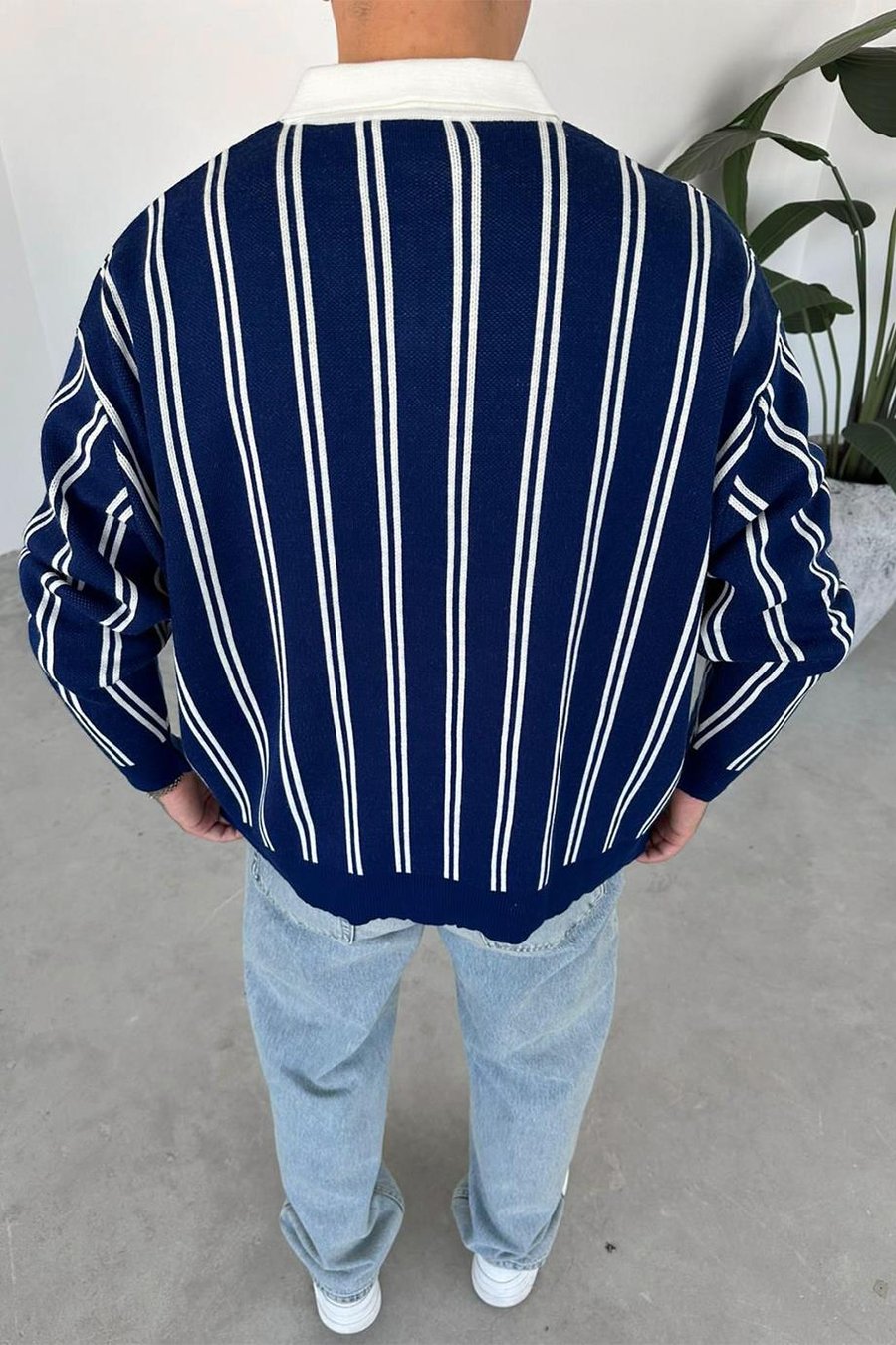 Lacivert Çizgili Oversize Polo Yaka Sweatshirt