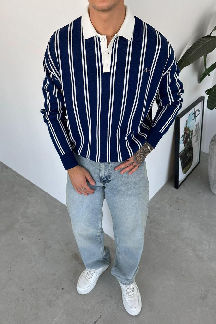 Lacivert Çizgili Oversize Polo Yaka Sweatshirt