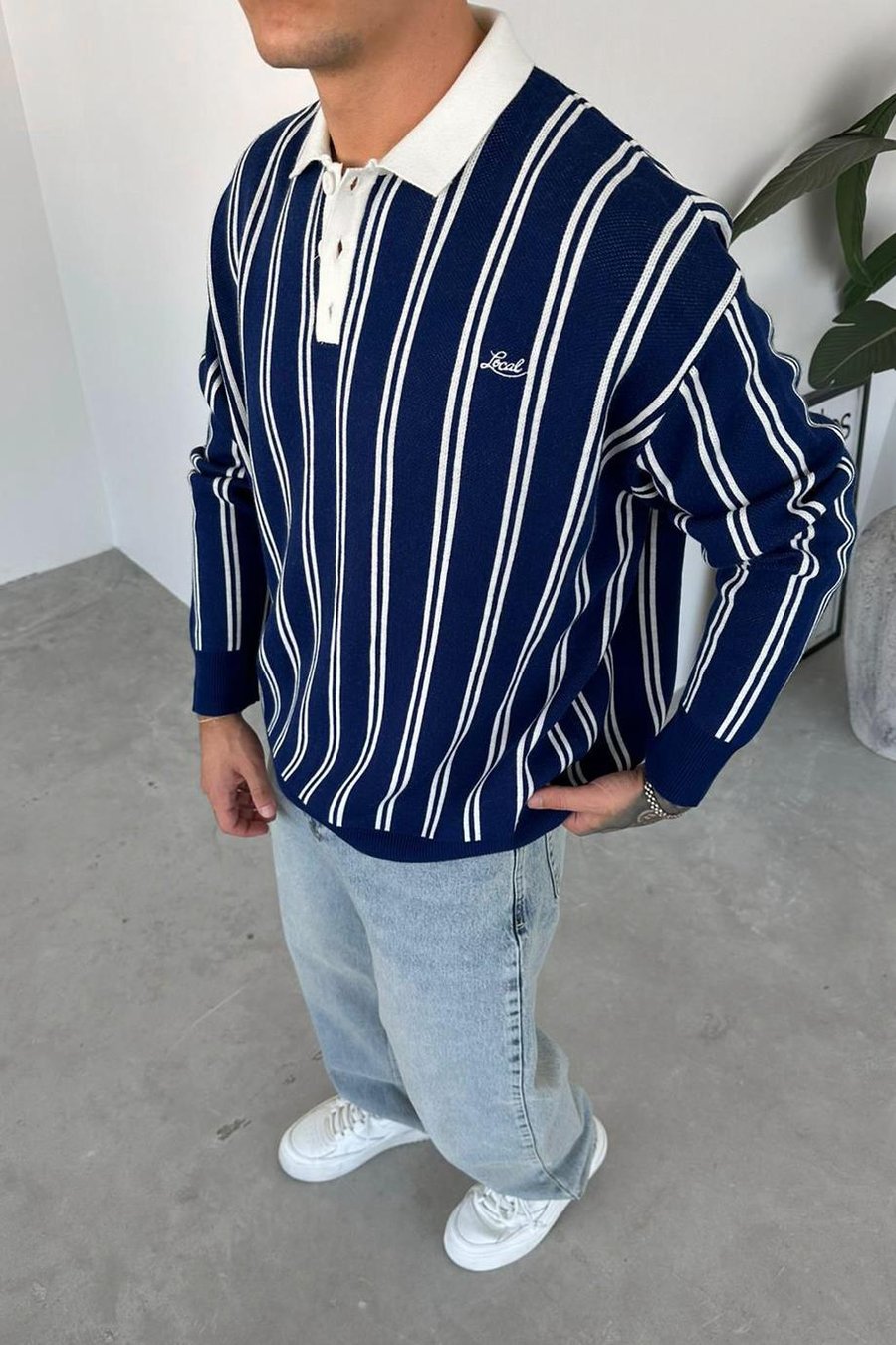Lacivert Çizgili Oversize Polo Yaka Sweatshirt