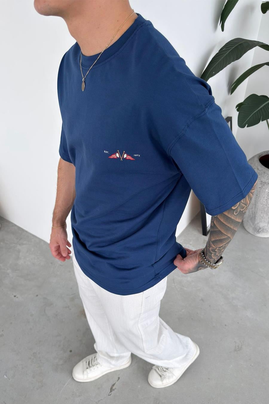 Lacivert Coastal Baskılı Oversize Tişört