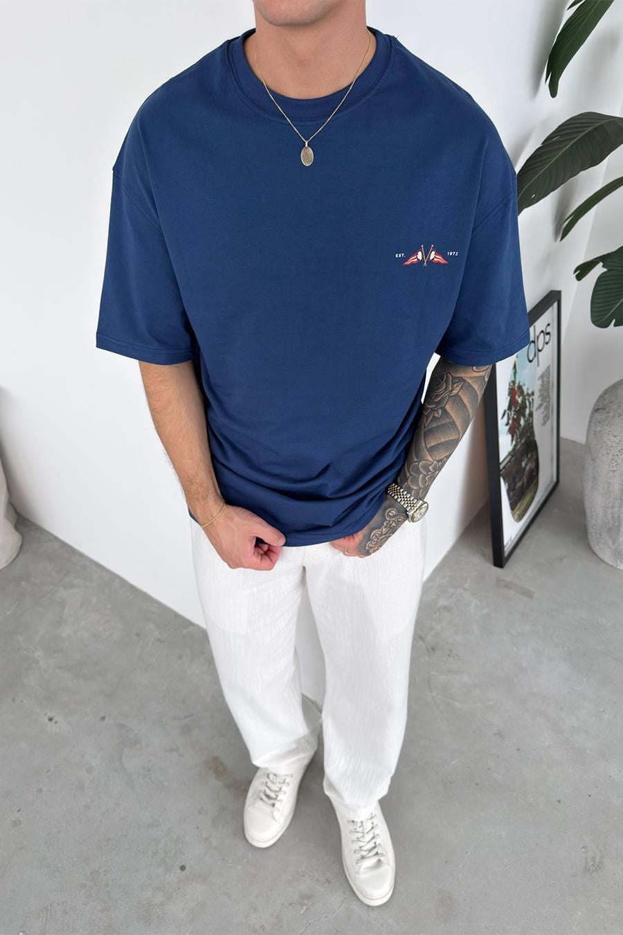 Lacivert Coastal Baskılı Oversize Tişört