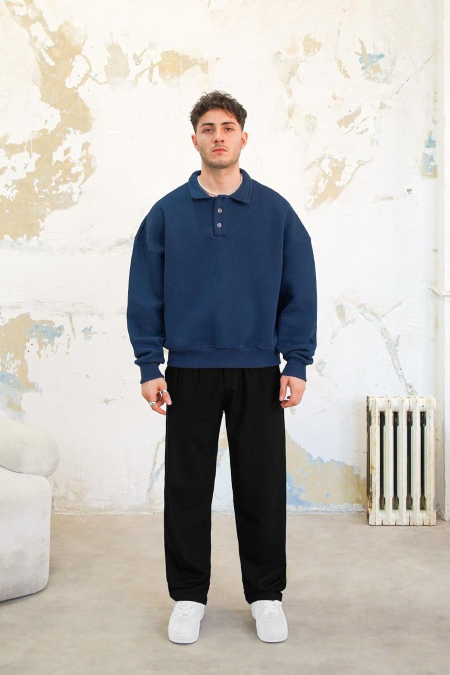 Lacivert Cozy Basic Oversize Polo Yaka Sweatshirt