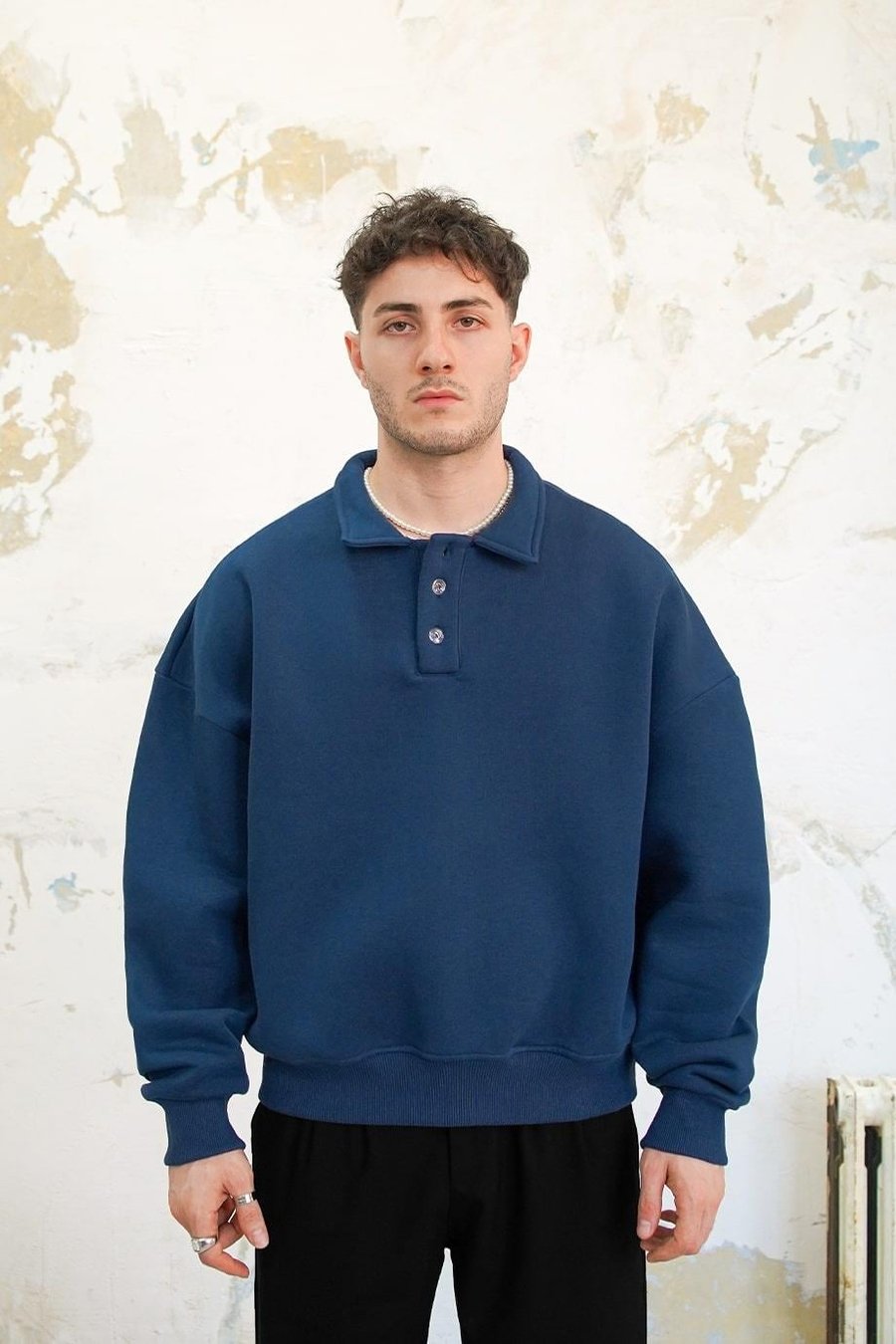 Lacivert Cozy Basic Oversize Polo Yaka Sweatshirt