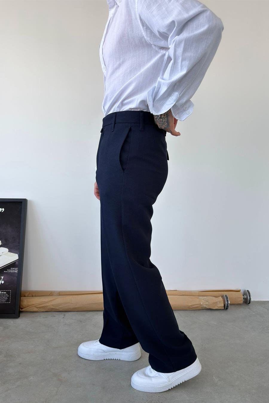 Lacivert Dokulu Basic Kumaş Pantolon