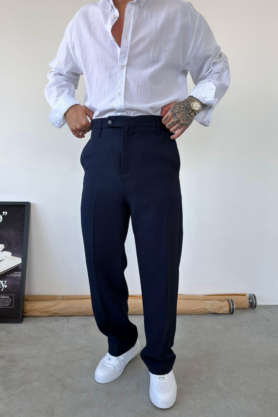 Lacivert Dokulu Basic Kumaş Pantolon
