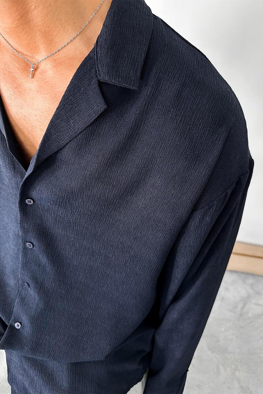 Lacivert Dokulu Fitilli Basic Oversize Gömlek