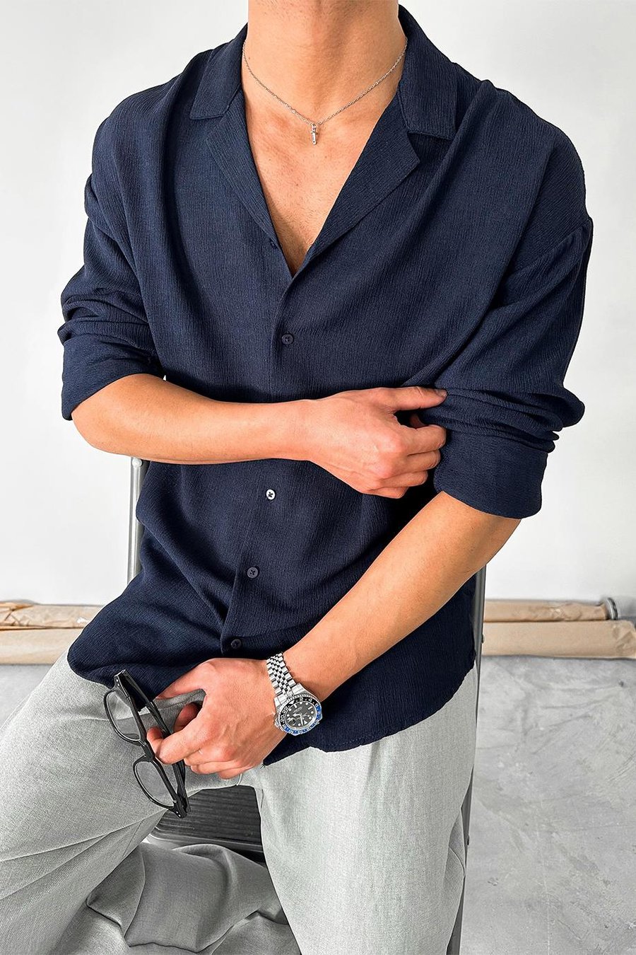 Lacivert Dokulu Fitilli Basic Oversize Gömlek