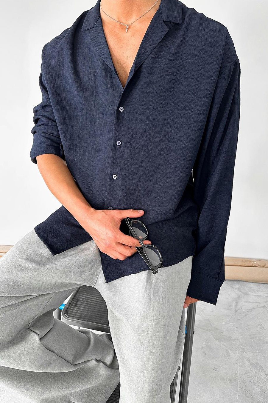 Lacivert Dokulu Fitilli Basic Oversize Gömlek