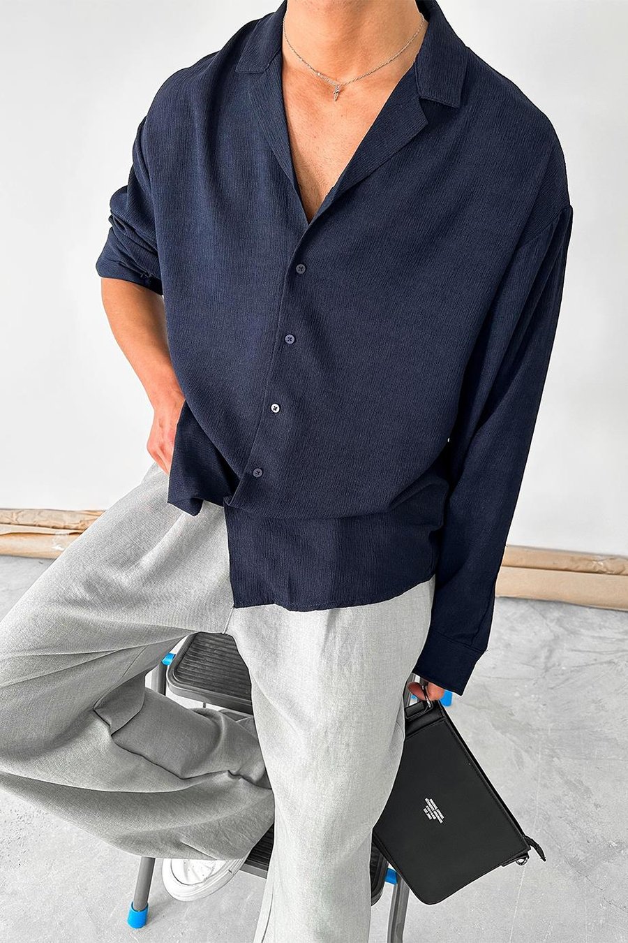 Lacivert Dokulu Fitilli Basic Oversize Gömlek