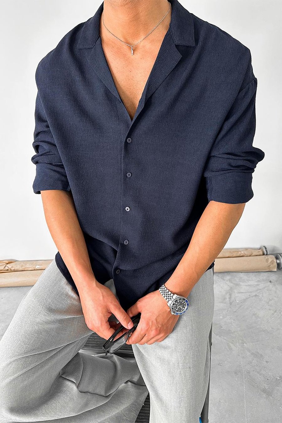 Lacivert Dokulu Fitilli Basic Oversize Gömlek