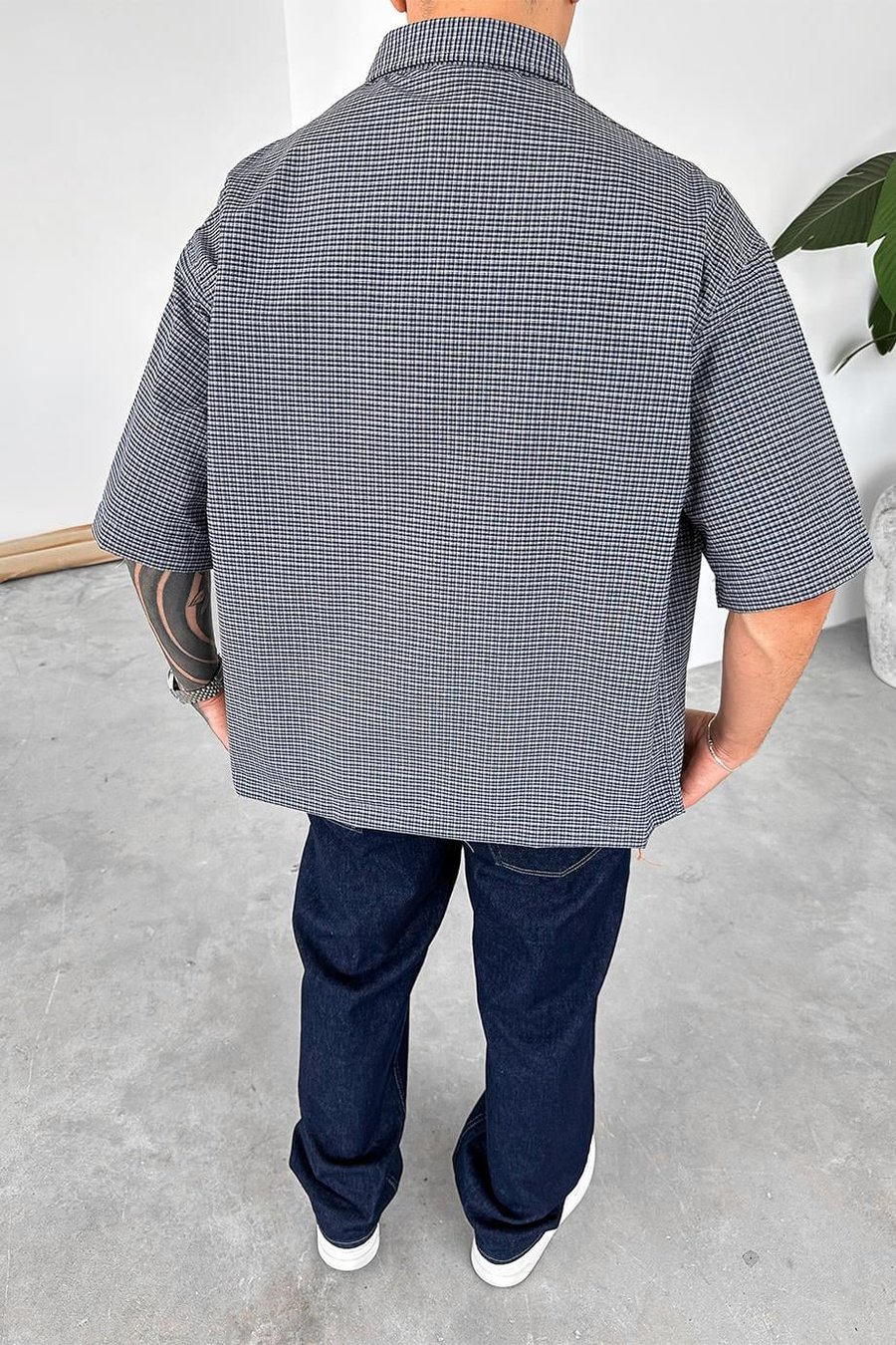 Lacivert Ekose Desenli Oversize Gömlek