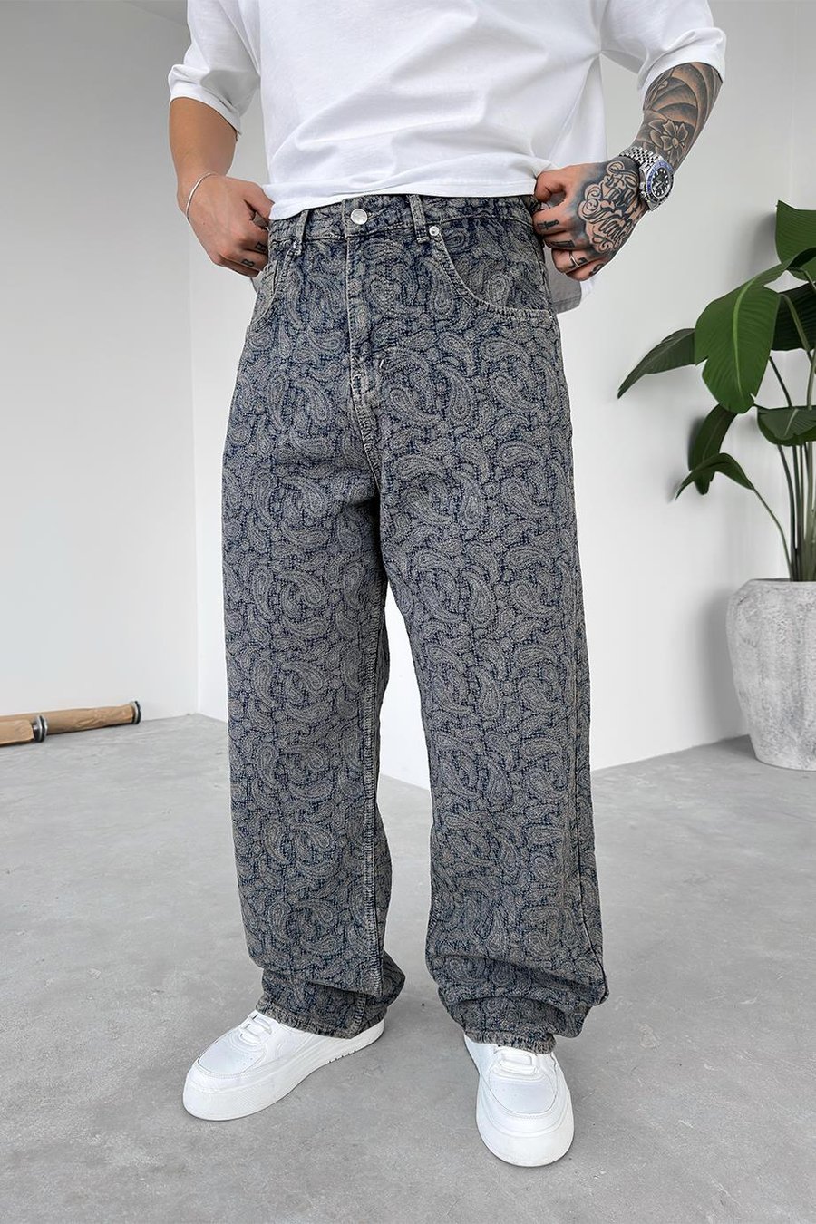Lacivert Etnik Desenli Premium Baggy Pantolon