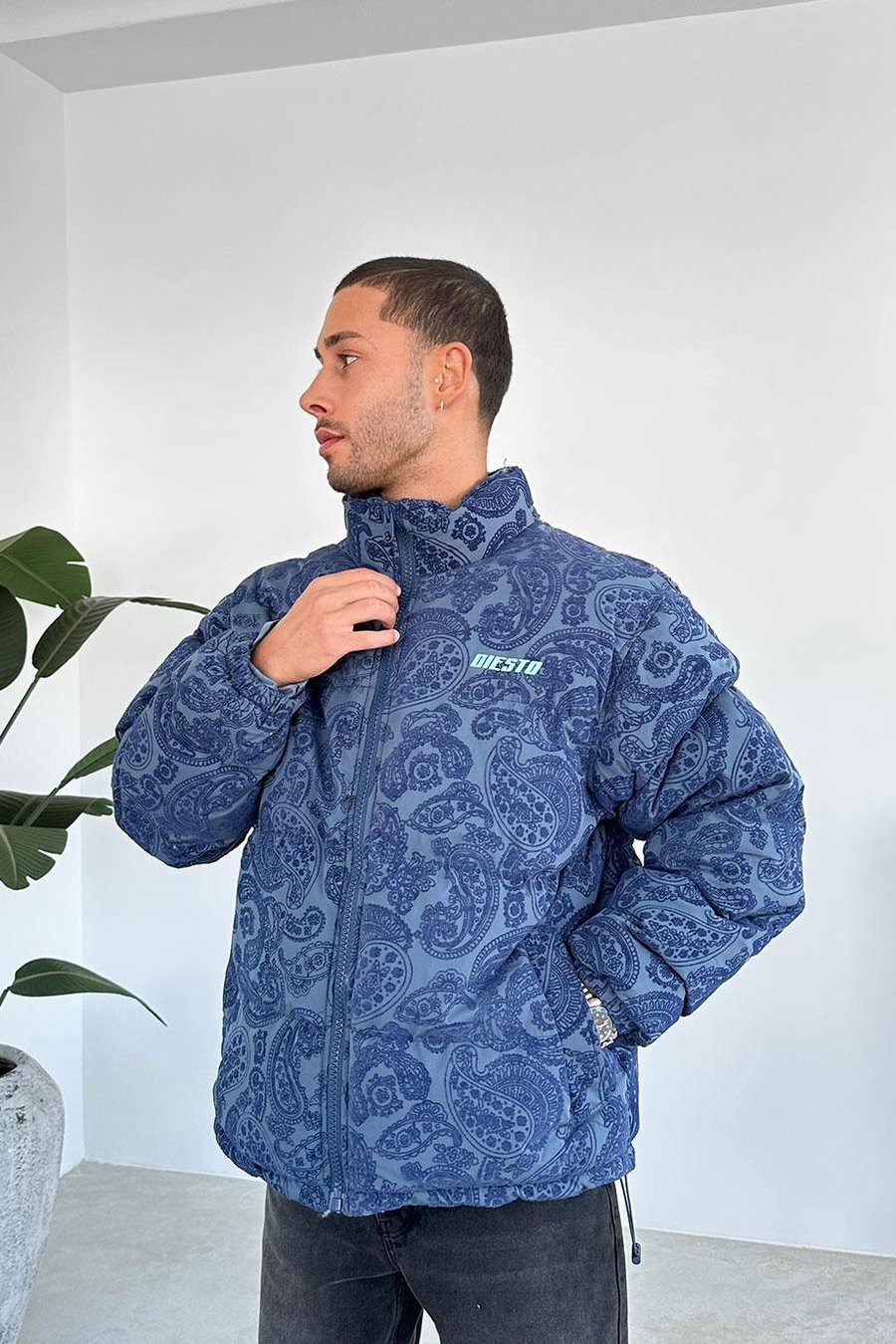 Lacivert Etnik Kabartma Detay Oversize Puffer Mont