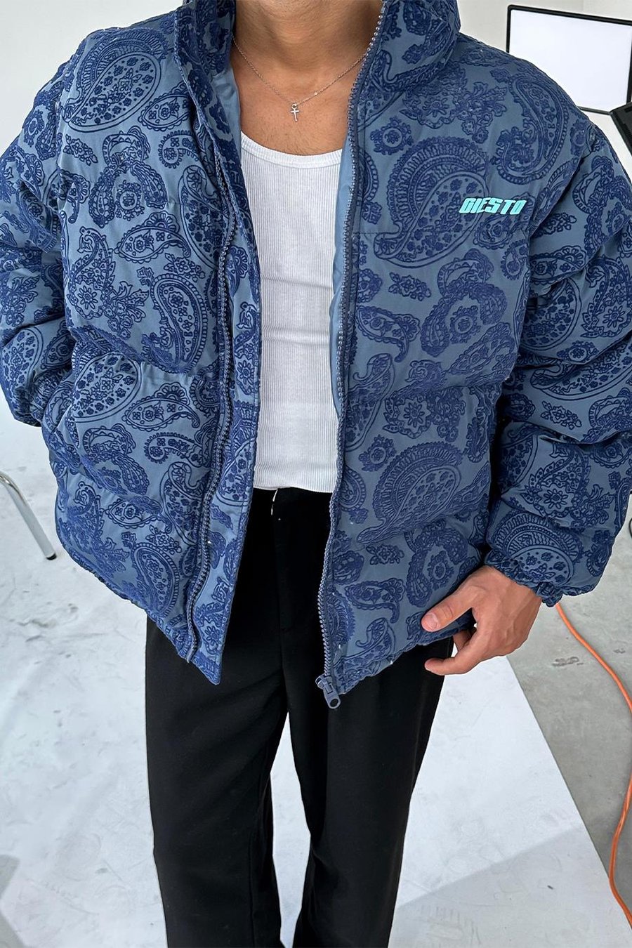 Lacivert Etnik Kabartma Detay Oversize Puffer Mont