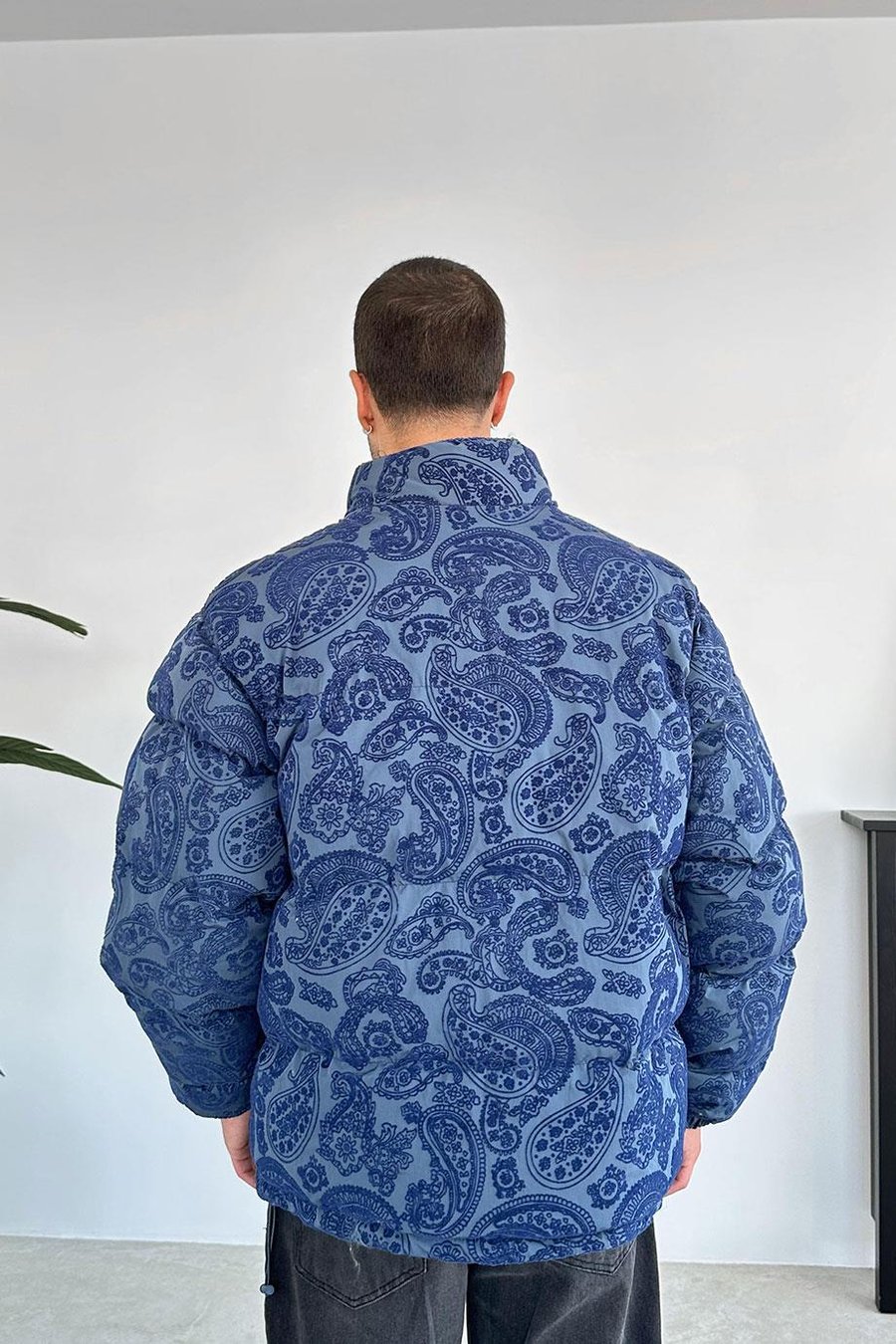 Lacivert Etnik Kabartma Detay Oversize Puffer Mont