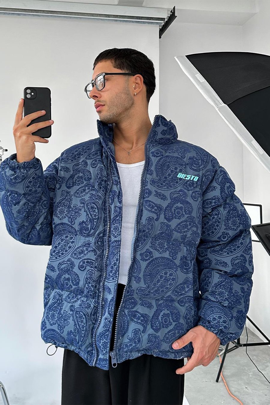 Lacivert Etnik Kabartma Detay Oversize Puffer Mont