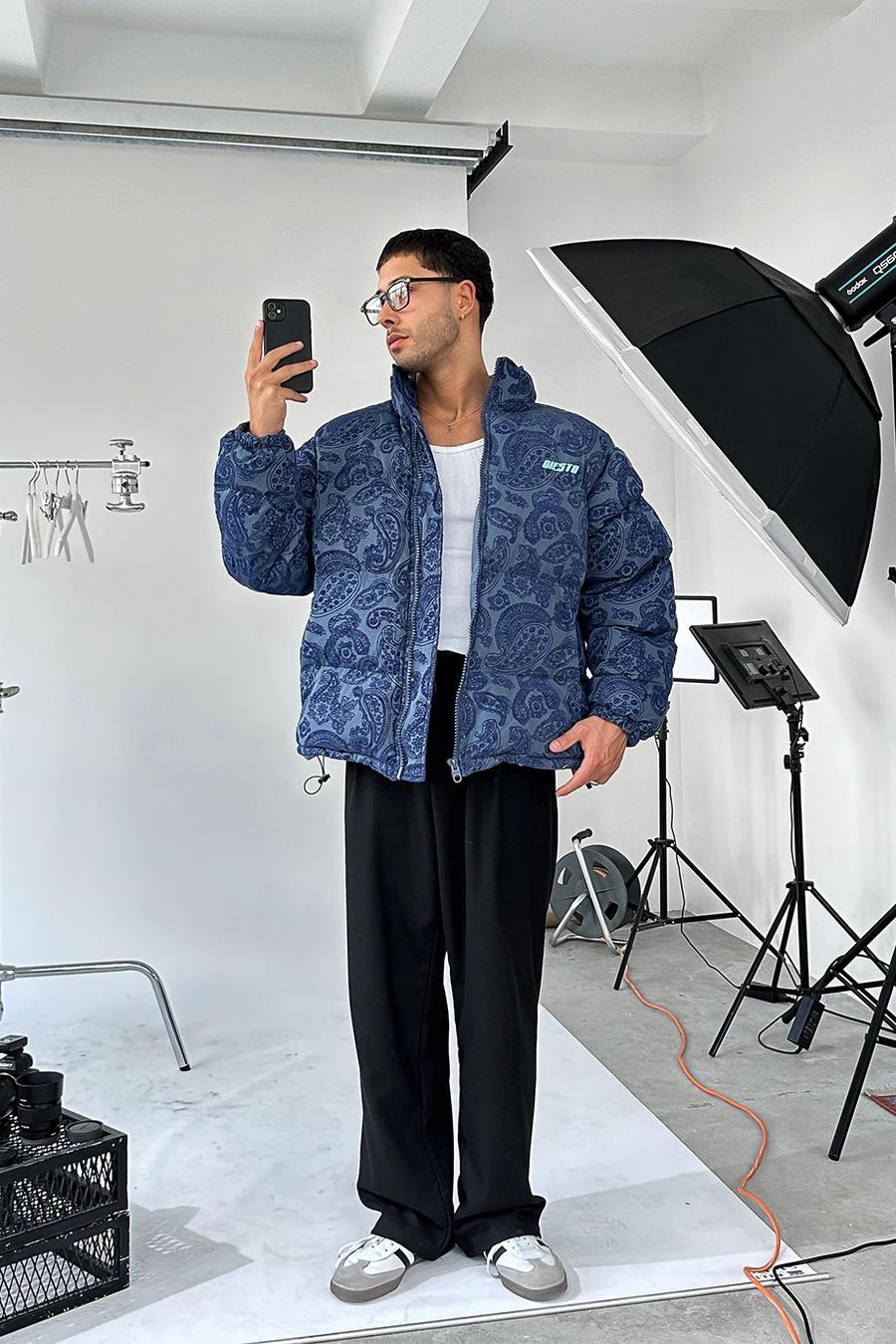 Lacivert Etnik Kabartma Detay Oversize Puffer Mont