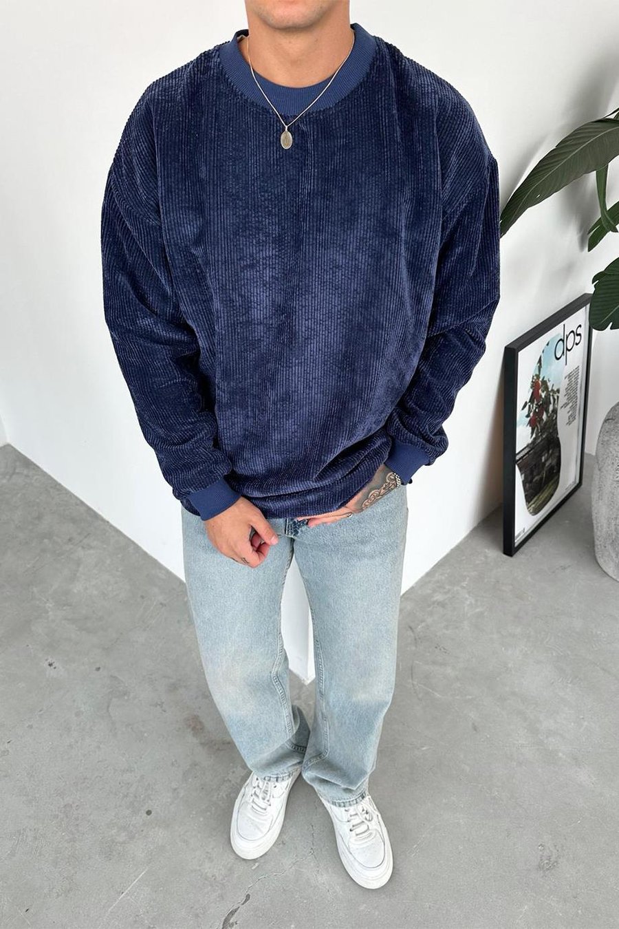 Lacivert Fitilli Kadife Basic Sweat