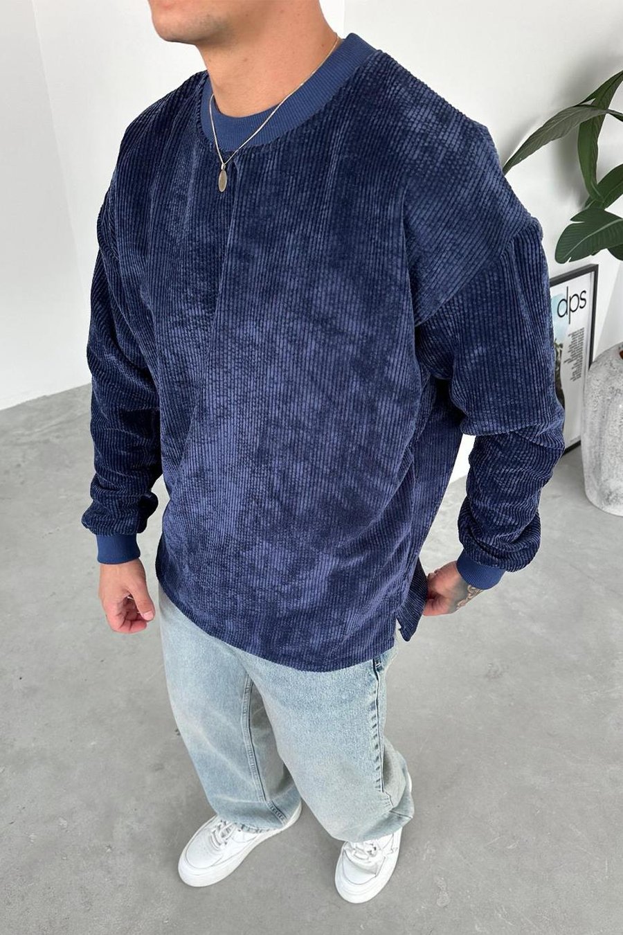 Lacivert Fitilli Kadife Basic Sweat
