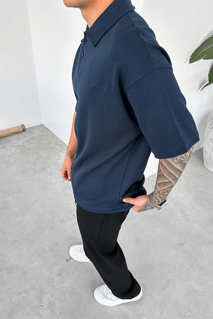 Lacivert Forget Nakış Detay Oversize Polo Yaka Tişört