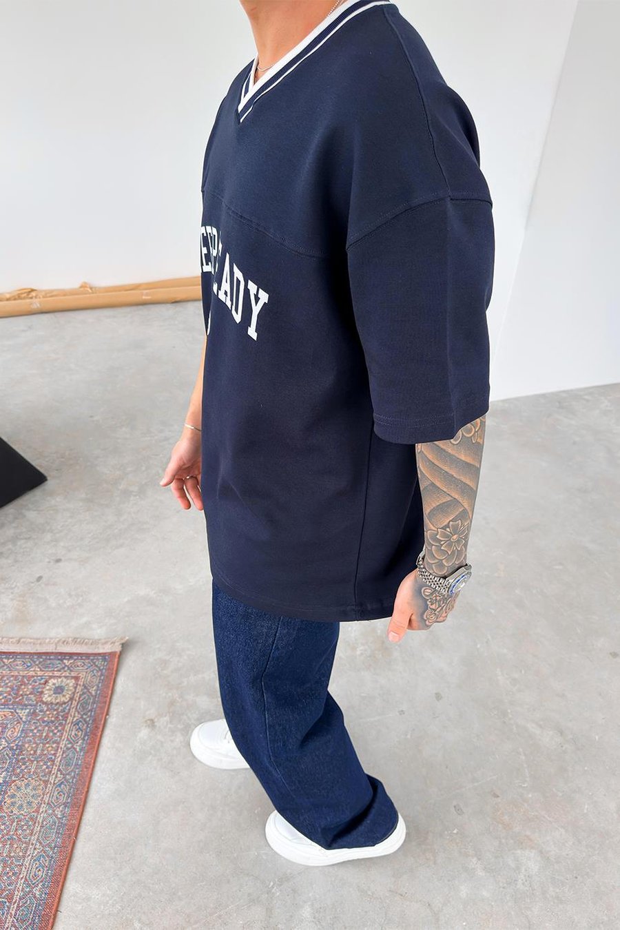 Lacivert Keep Ready V Yaka Detay Oversize Tişört