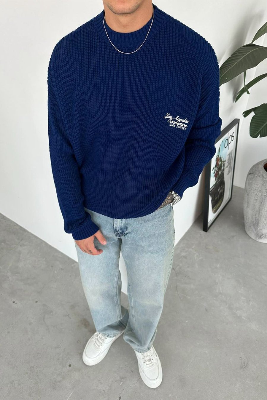 Lacivert Los Angeles Nakış Oversize Triko Kazak