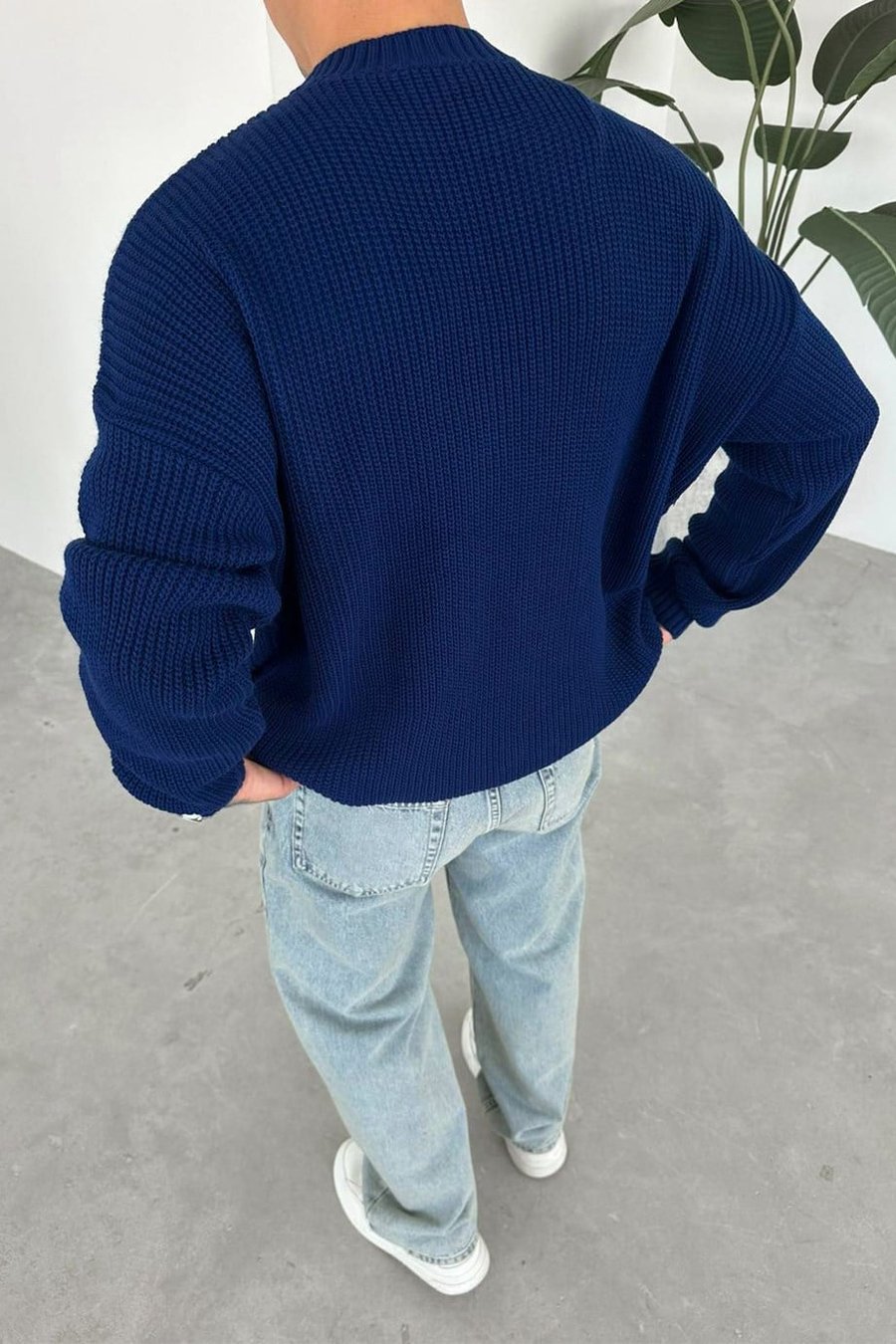 Lacivert Los Angeles Nakış Oversize Triko Kazak