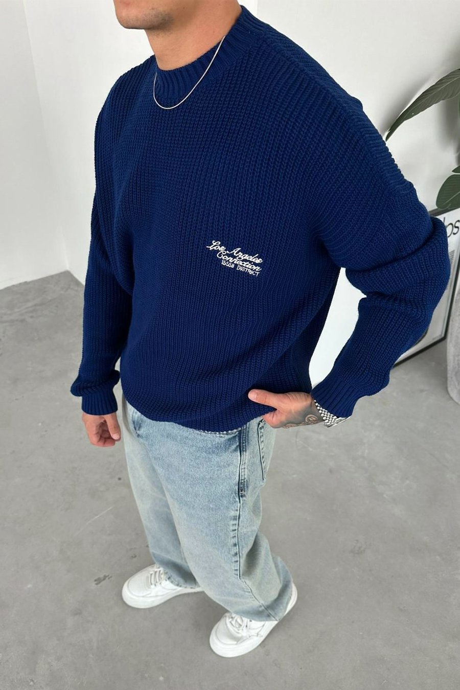 Lacivert Los Angeles Nakış Oversize Triko Kazak