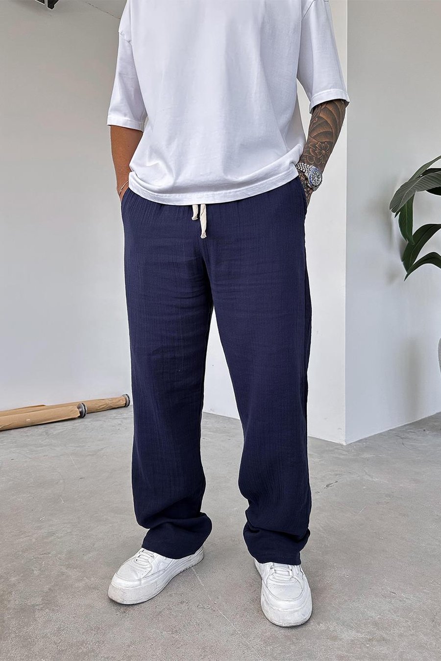 Lacivert Müslin Kumaş Premium Baggy Pantolon