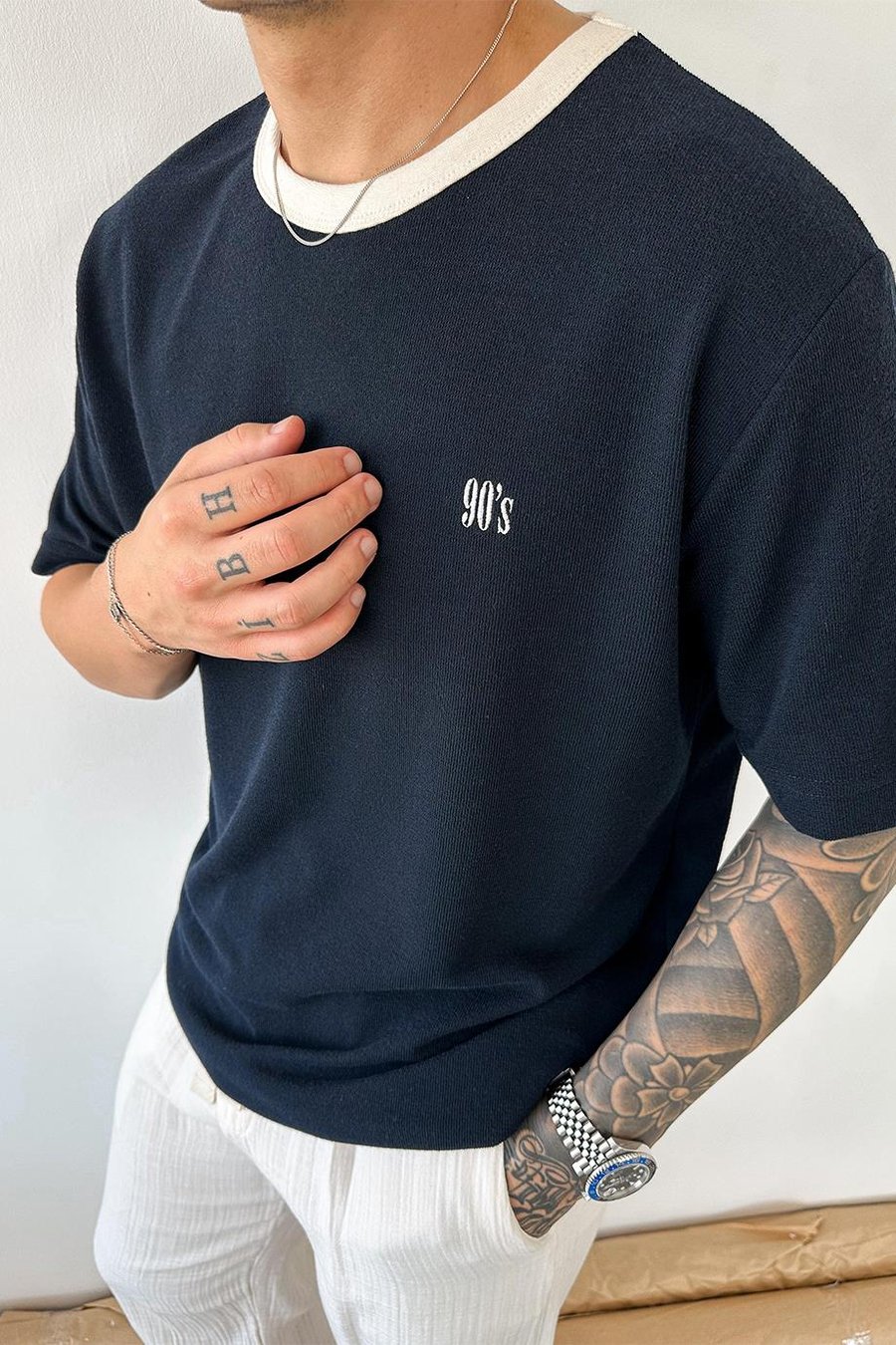 Lacivert Old Money 90s İnce Fitilli Oversize Tişört