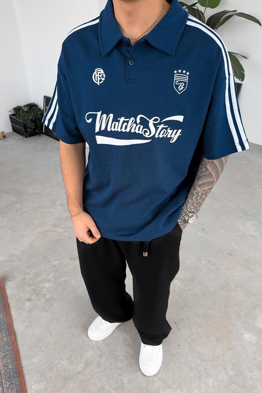 Lacivert Old Money MatchaStory Baskılı Oversize Polo Yaka Tişört
