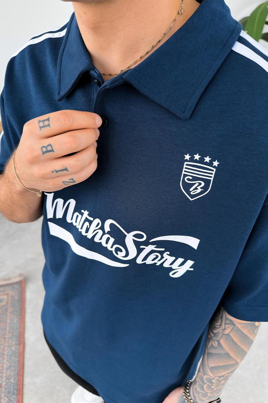 Lacivert Old Money MatchaStory Baskılı Oversize Polo Yaka Tişört