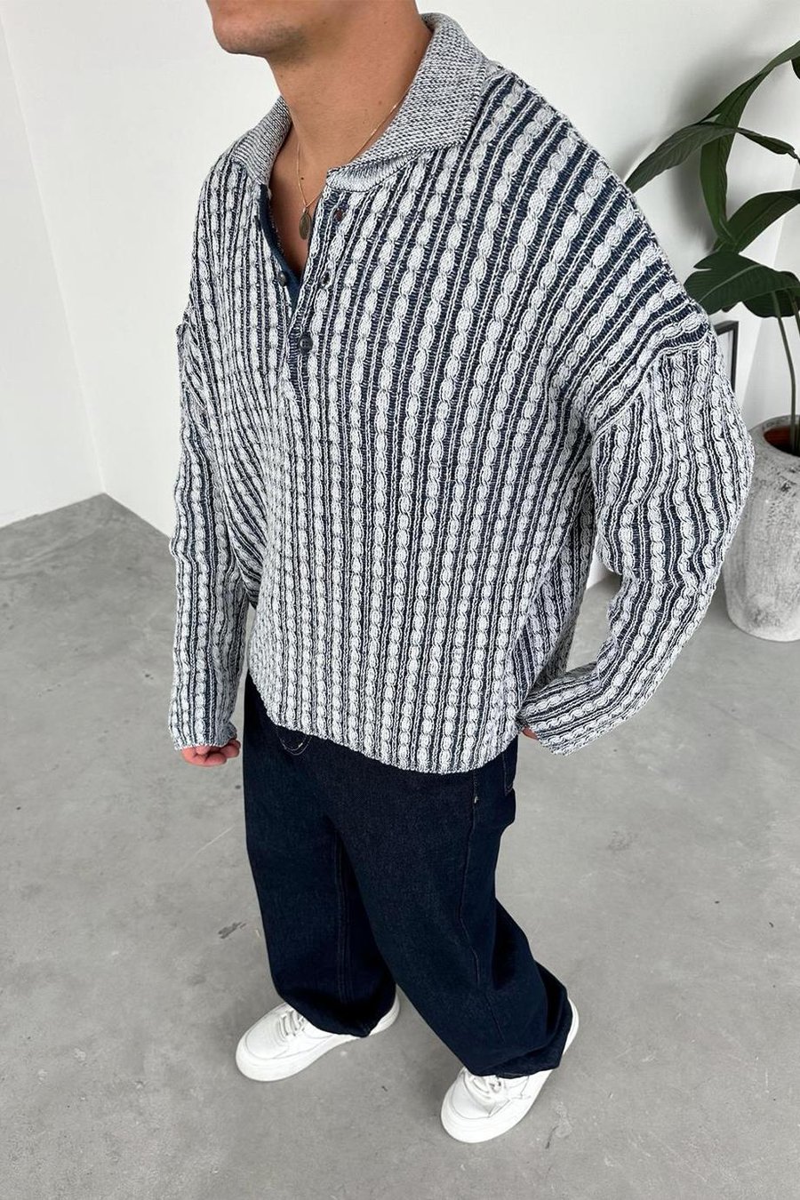 Lacivert Örgü Desenli Premium Oversize Polo Yaka Kazak