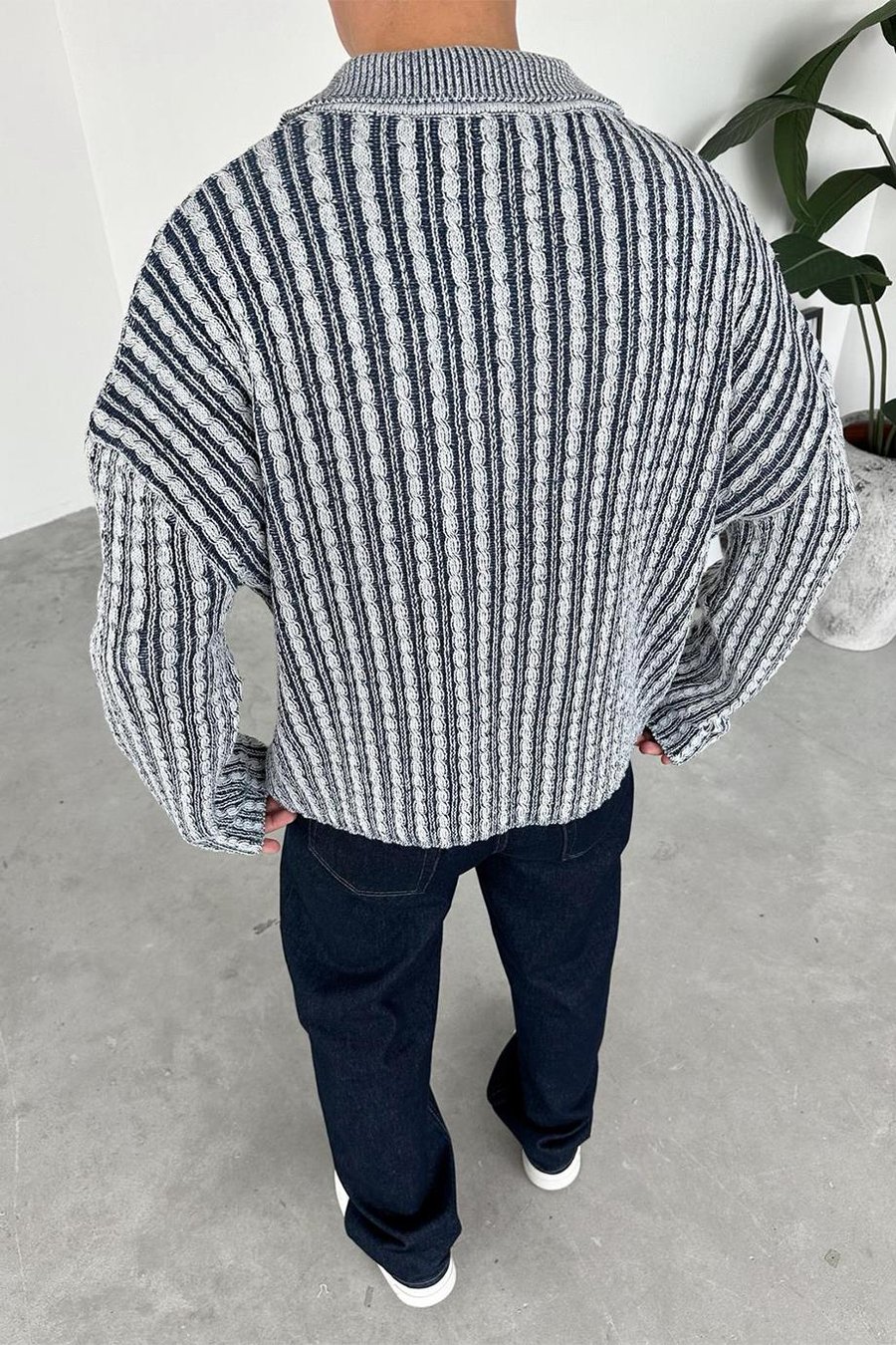 Lacivert Örgü Desenli Premium Oversize Polo Yaka Kazak