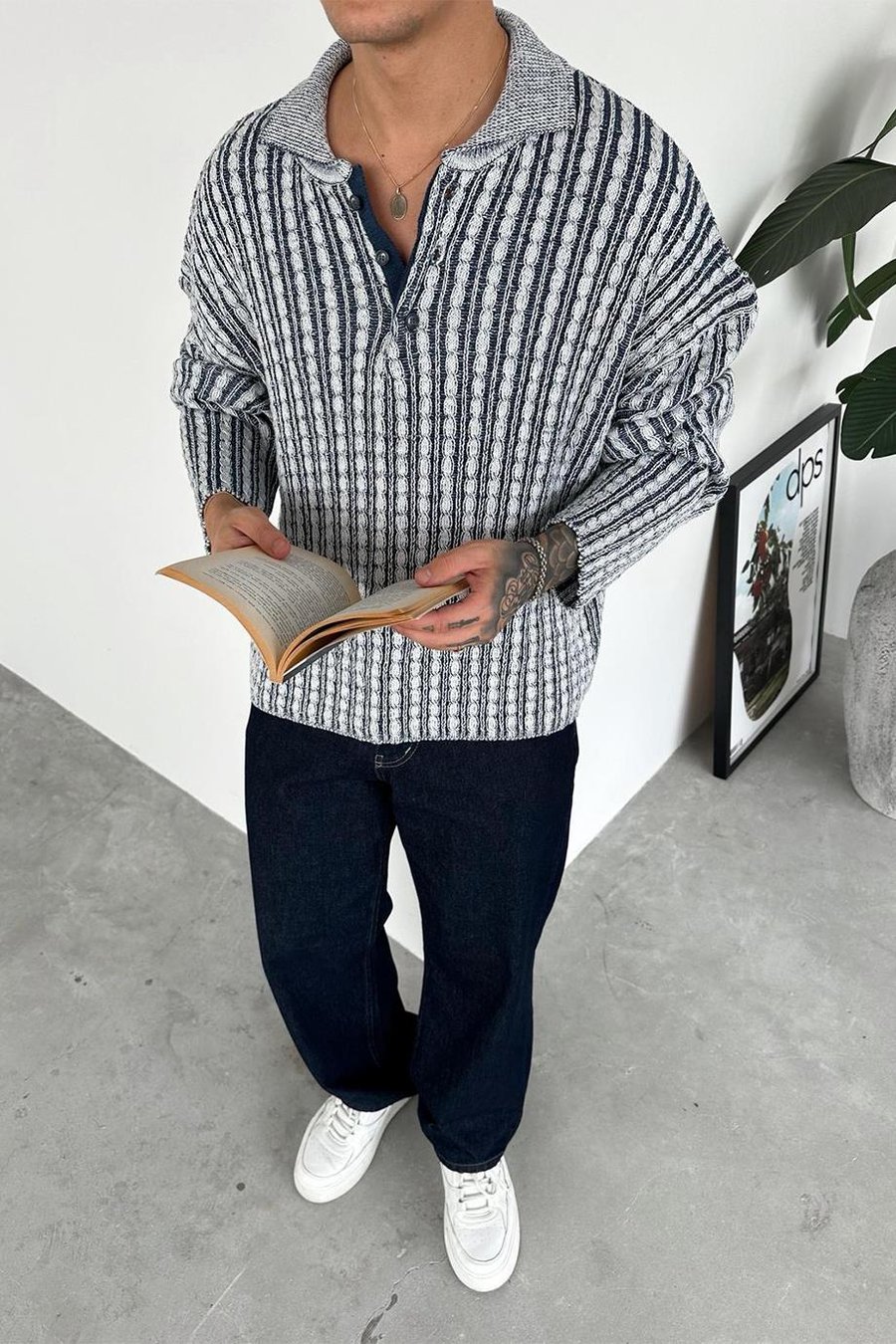 Lacivert Örgü Desenli Premium Oversize Polo Yaka Kazak