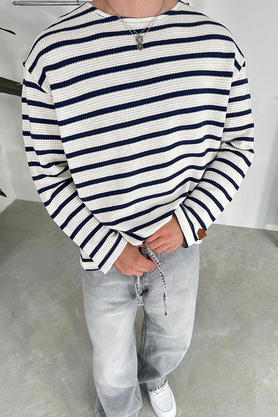 Lacivert Örme Çizgi Detaylı Oversize Sweat