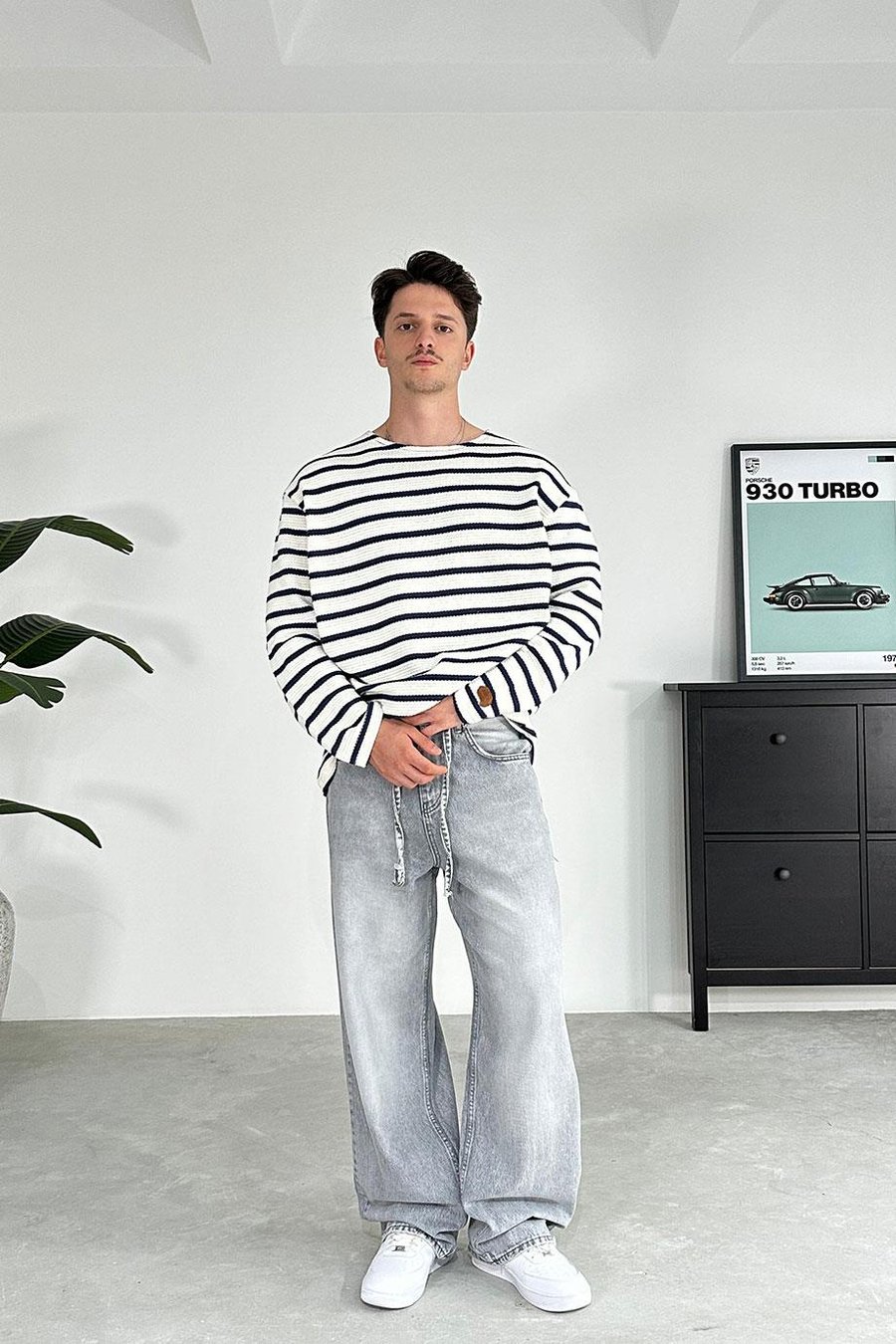 Lacivert Örme Çizgi Detaylı Oversize Sweat