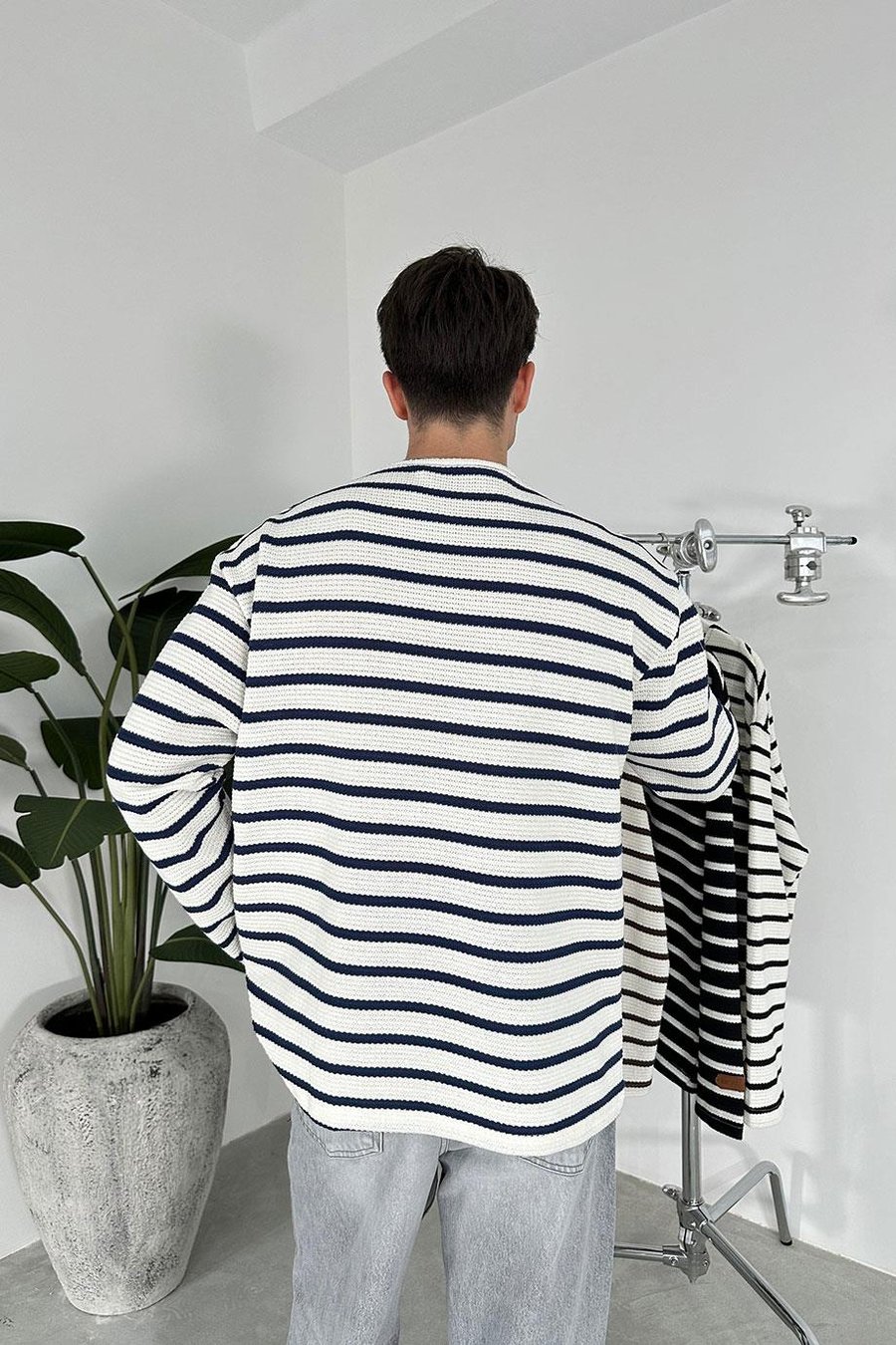 Lacivert Örme Çizgi Detaylı Oversize Sweat