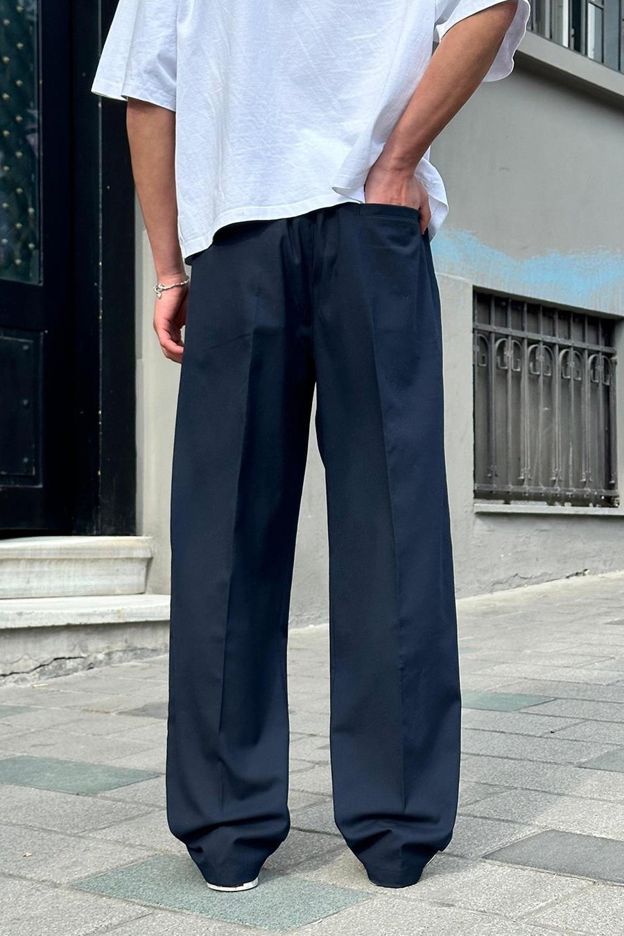 Lacivert Pile Detaylı Kumaş 65 GO Baggy Pantolon