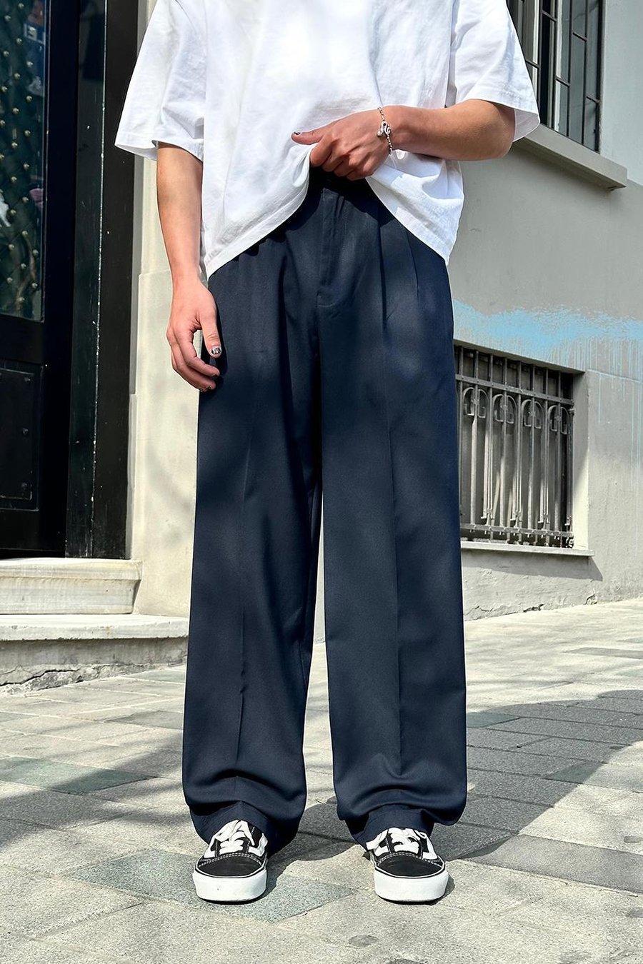 Lacivert Pile Detaylı Kumaş 65 GO Baggy Pantolon