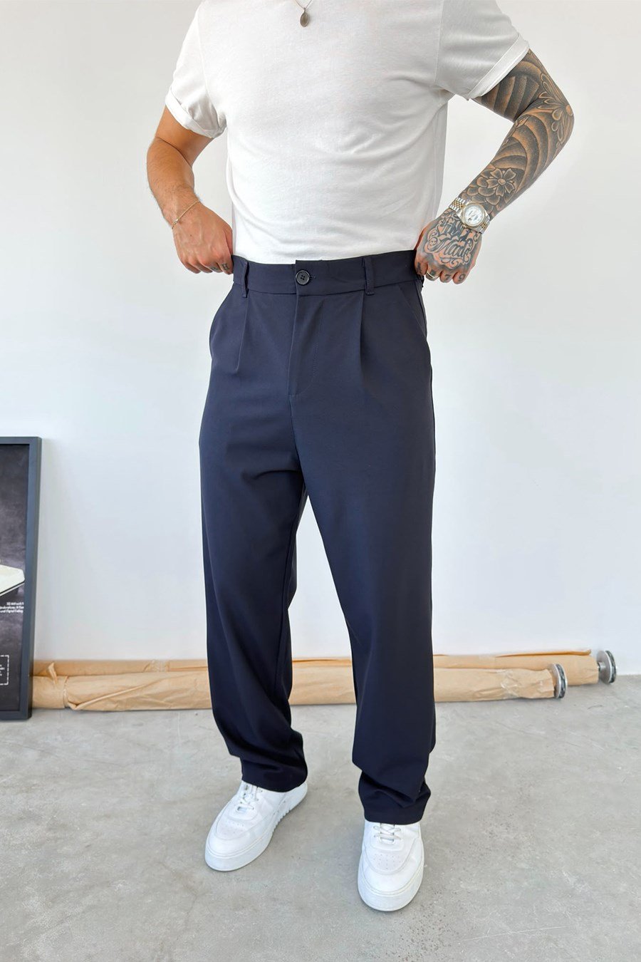 Lacivert Pileli Baggy Fit Kumaş Pantolon