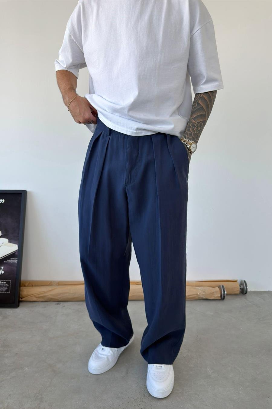 Lacivert Pileli Modal Kumaş Baggy Pantolon