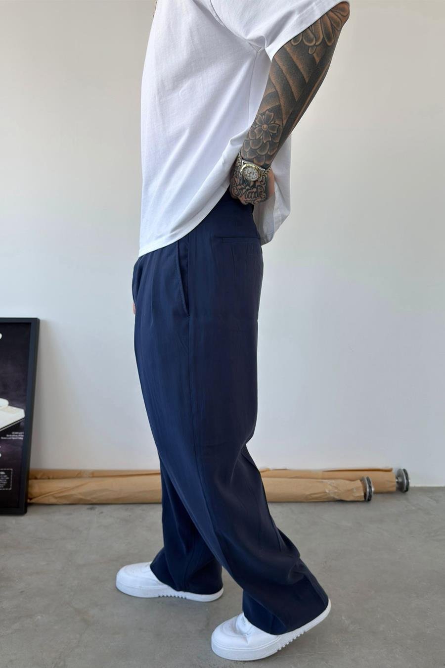 Lacivert Pileli Modal Kumaş Baggy Pantolon