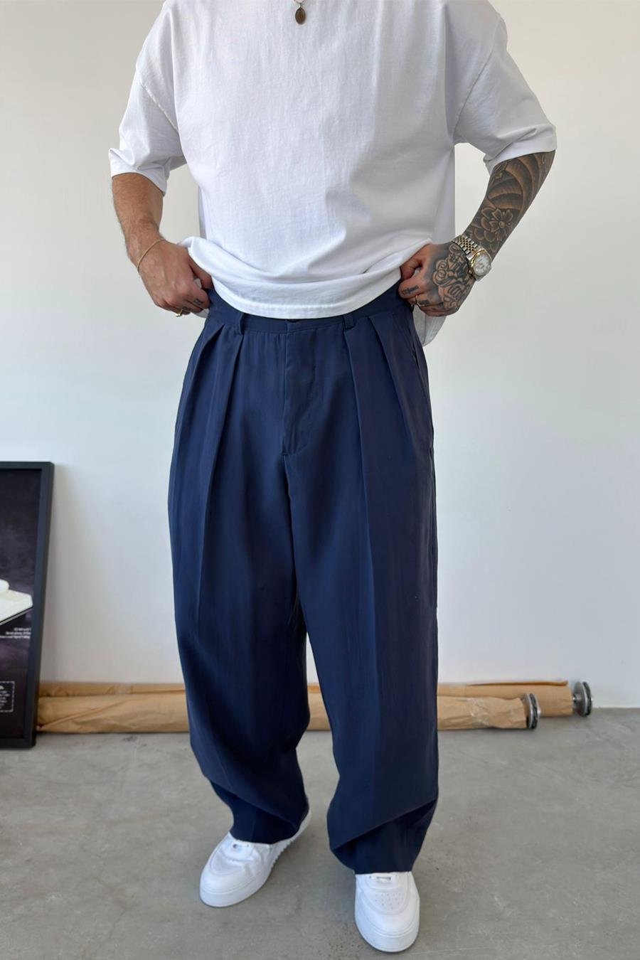 Lacivert Pileli Modal Kumaş Baggy Pantolon