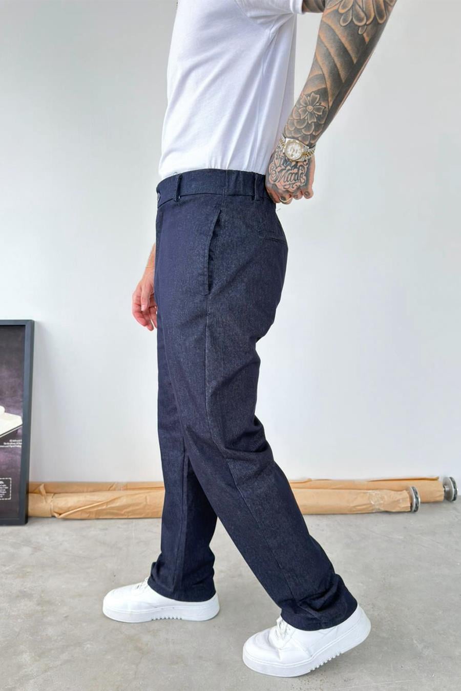 Lacivert Premium Dokulu Baggy Kumaş Pantolon