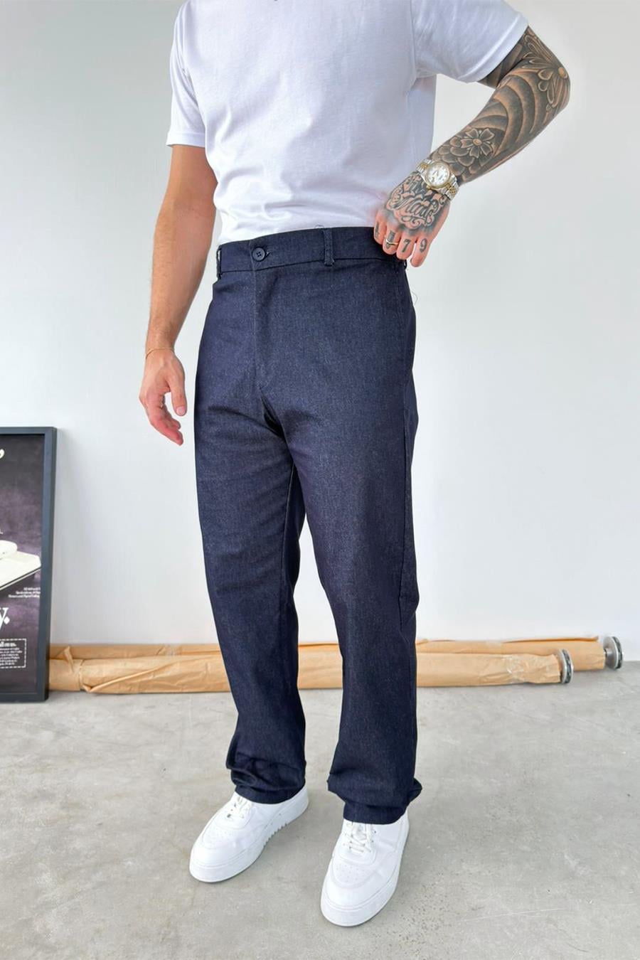 Lacivert Premium Dokulu Baggy Kumaş Pantolon