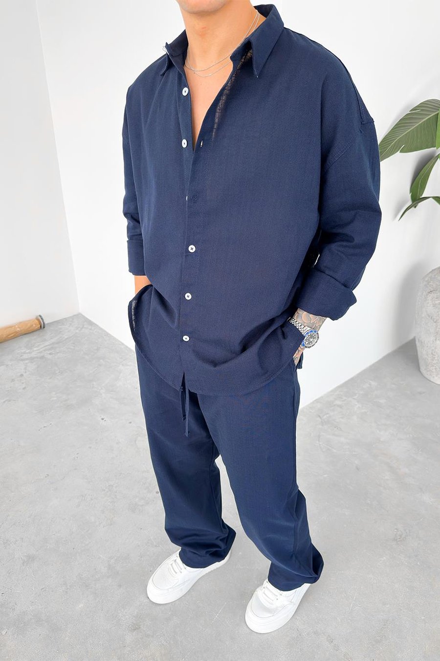 Lacivert Premium Keten Basic Oversize Gömlek