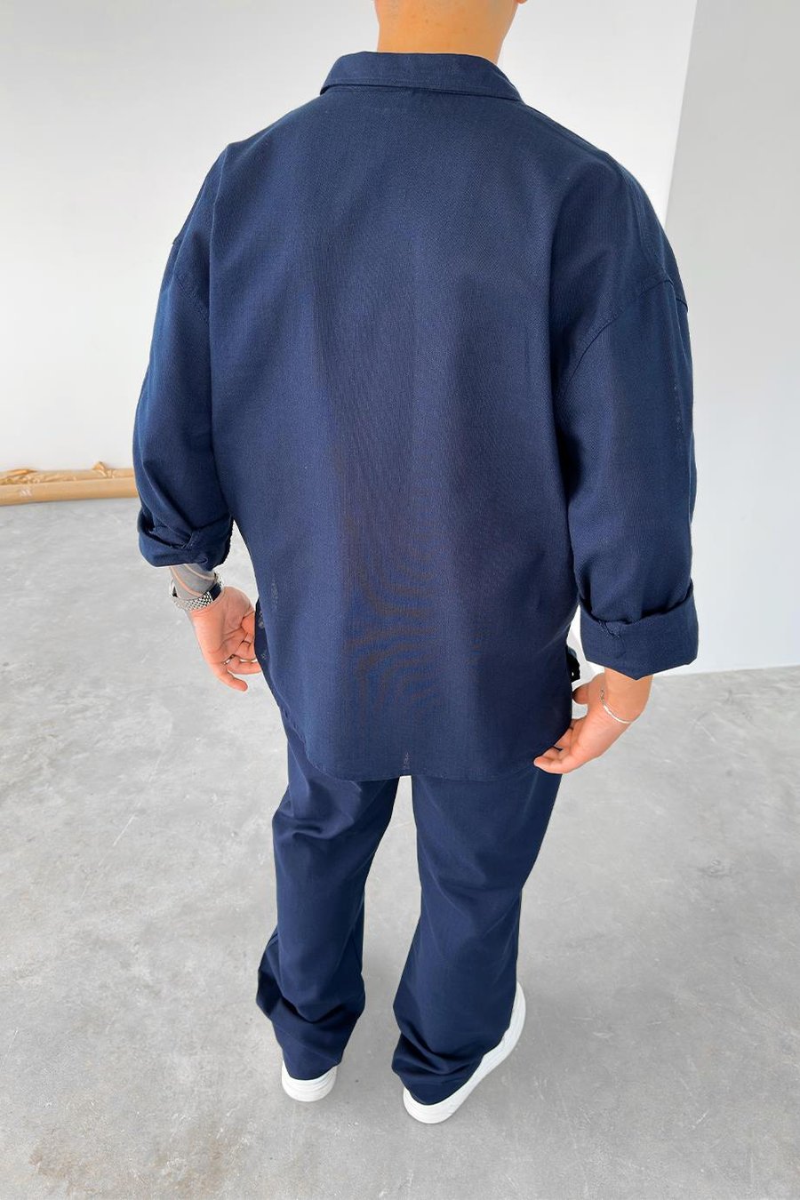 Lacivert Premium Keten Basic Oversize Gömlek