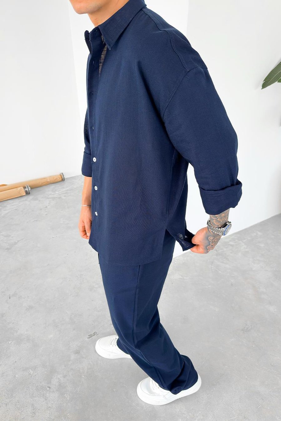 Lacivert Premium Keten Basic Oversize Gömlek